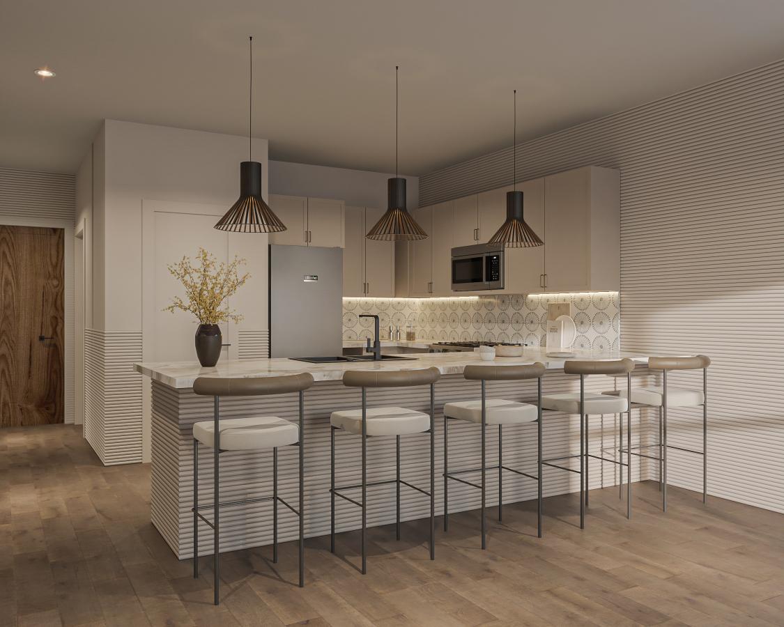 Rendering of a kitchen inside a custom build 3D home
